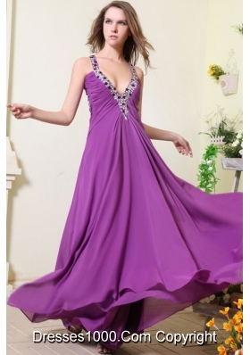 Sexy Purple V-neck Empire Chiffon Beaded Decorate Prom Dress