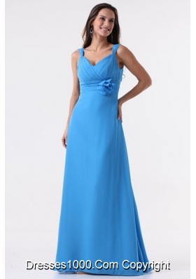 Blue Straps Ruching Hand Made Flower Decorated Chiffon Prom Dress