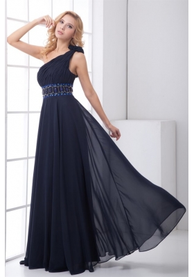 Clearance Empire One shoulder Chiffon Beaded Navy Blue Prom Gown