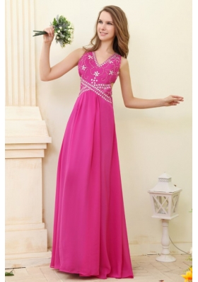 Sexy Hot Pink Empire V-neck Beaded Chiffon Prom Dress for Girls