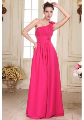 Hot Pink One Shoulder Formal Evening Dress with Hand Made Flower