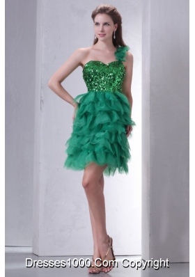 Mini-length One Shoulder Green Cocktail Dress with Sequins