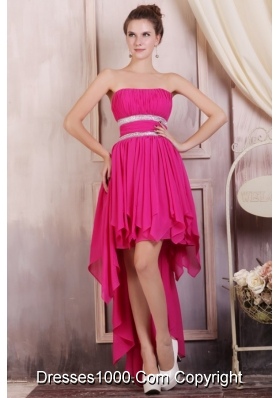 Fashionable Hot Pink High-low Beaded Prom Dress with Ruching