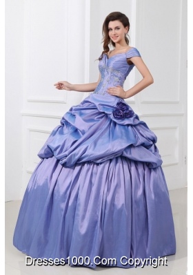 Cap Sleeves Pick Ups and Handle Flowers Taffeta Sweet 15 Dresses