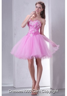 Mini-length Sweetheart Rose Pink Appliqued Prom Dress in Tulle