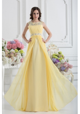 Empire Scoop Beading Ruching Light Yellow Prom Dress