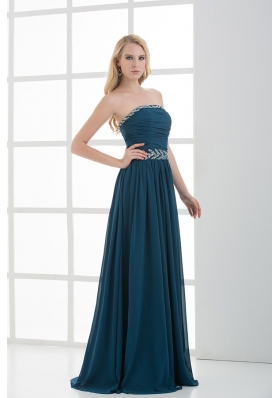 Empire Strapless Beading Blue Floor-length Chiffon Prom Dress