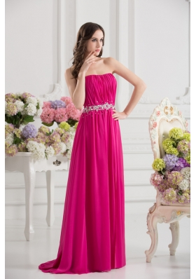 Hot Pink Empire Strapless Ruching Beading Brush Train Prom Dress