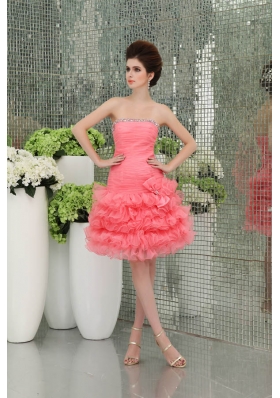 Strapless A-line Organza Watermelon Prom Dress with Ruffled Layers