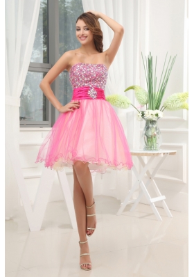 A-line Pink Strapless Beading Tulle Knee-length Prom Dress