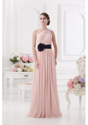 Baby Pink Empire One Shoulder Prom Dress with Ruching and Handle Made Flower