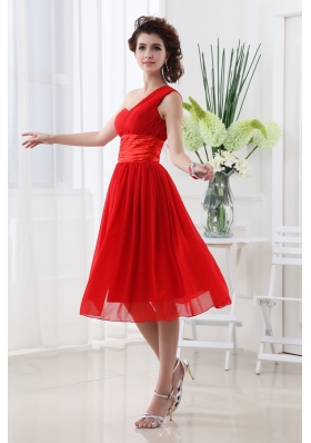 Empire One Shoulder Belt Knee-length Red Prom Dress