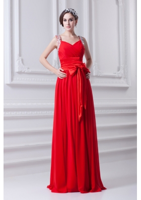 Empire Red Straps Chiffon Prom Dress with Beading and Bowknot