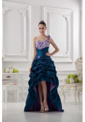 One Shoulder Sweetheart Pick-ups Beading Navy Blue Prom Dress