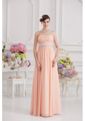 Peach Empire Strapless Prom Dress with Ruching and Beading