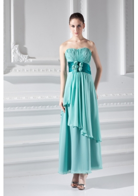 Strapless Ankel-length Empire Turquoise Hand-made Flower Prom Dress