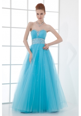 2014 Tulle A-line Sweathert Beading Baby Blue Belt Prom Dress