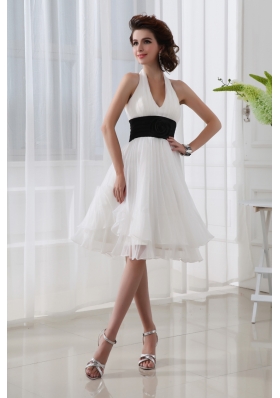 A-line Chiffon White Haltor Top Knee-length  Hand Made Flower Prom Dress