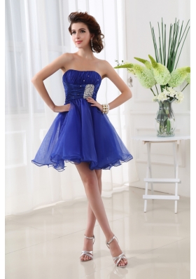 A-line Strapless Beading and Ruching Organza Prom Dress in Blue