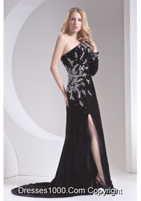 Column Black One Shoulder Beading High Slit Special Fabric Prom Dress