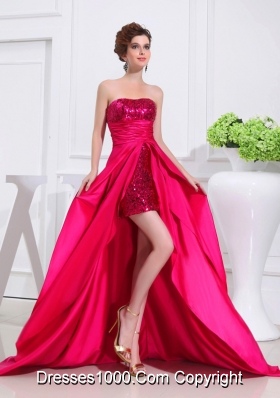 Column Sequins Brush Train Strapsless Hot Pink Prom Dress