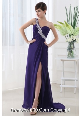 Empire Prom Dress with Ruchings and Beading One Shoulder High Spilt Purple