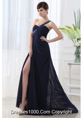 Empire Ruffles High Slit One Shoulder High Slit Navy Blue Prom Dress