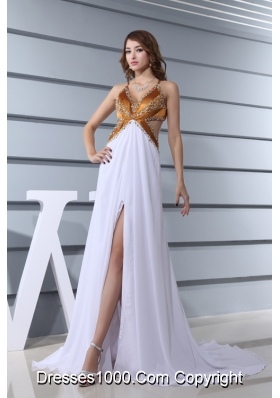 Empire White V-neck Beading Chiffon High Slit Brush Train Prom Dress