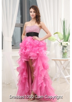 Hot Pink Strapless Belt Beading Ruffles High-Low Organza Prom Dress for 2014