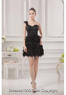 One Shoulder Beading Ruffles Special Fabric Black Prom Dress