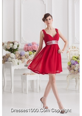 Red Empire Straps Prom Dress with Ribbons and Beading