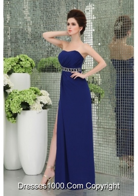 Spaghetti Straps Prom Dress with High Slit Ruchings Empire Blue Chiffon Belt