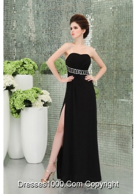 Strapless Empire Black Chiffon Belt Prom Dress with High Slit Ruchings