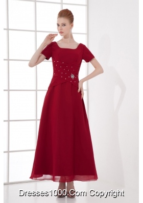 A-line Burgundy Ankle-Length Chiffon Beading and Ruching Prom Dress