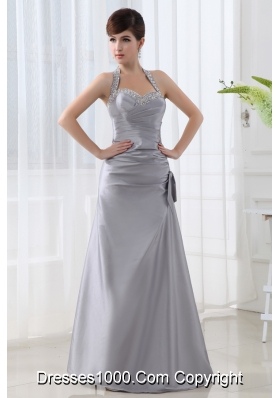 A-line Halter Top Silver Prom Dress with Beading and Ruching