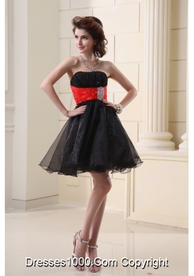 A-line Strapless Organza Black Mini-length Prom Dress with Beading and Ruching