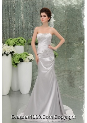 A-line Strapless Sashes and Beadings Silver Prom Dress