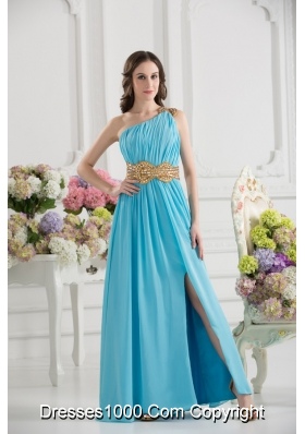 Aqua Blue Empire One Shoulder Floor-length High Slit Prom Dress