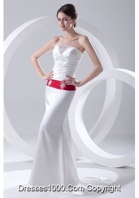 Column Ruchings Belt Beading White Brush Train Dress for Prom