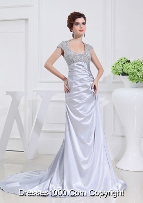 Column Square Court Train Appliques Beading Taffeta White Prom Dress