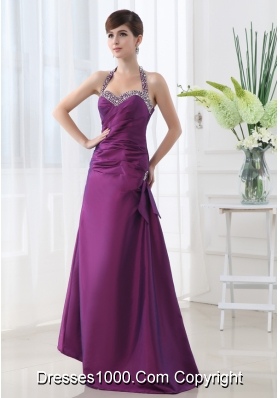 Eggplant Purple Halter Top Beading and Ruching Taffeta A-line Prom Dress