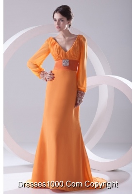 Empire Orange V-neck Long Sleeves Prom Dress with Beading Ruching