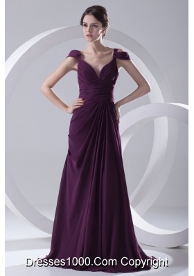 Empire Purple Ruching Straps Cap Sleeves Dresses for Prom