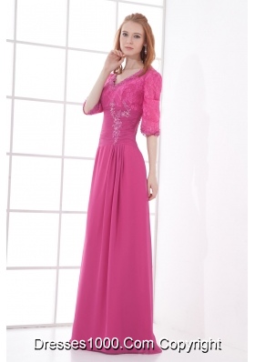 Empire V-neck Half sleevess Lace Pink Prom Dress