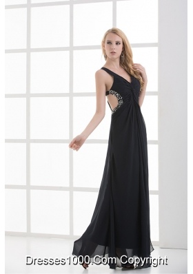 High Slit Straps Black Ankel-length Beading and Ruching Prom Dress