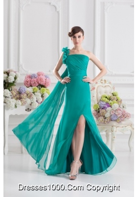 One Shoulder Turquoise Column Handle Made Flowers Prom Dress