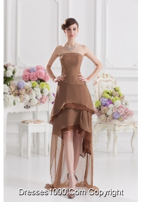 Saddle Brown A-line Strapless Chiffon High-low Prom Dress with Beading