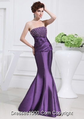 Strapless Floor-length Beading Taffeta Eggplant Purple Prom Dress