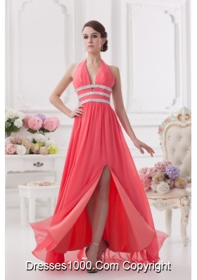 Watermelon Halter top High Slit Chiffon Prom Dress with Beading