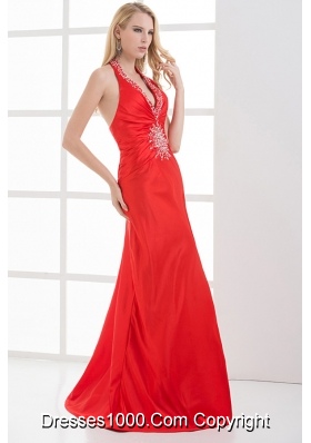 Column Halter Top Floor-length Beading Chiffon Red Prom Dress